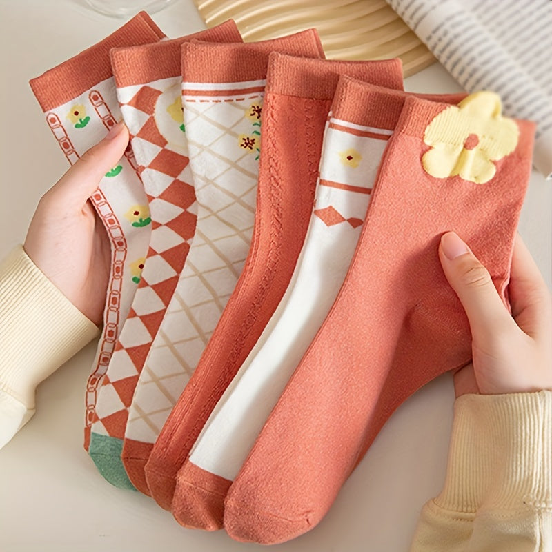 6 Pairs Floral Print Socks Women's Mid Tube Stockings
