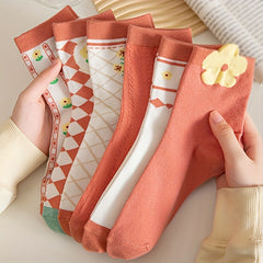 6 Pairs Floral Print Socks Women's Mid Tube Stockings