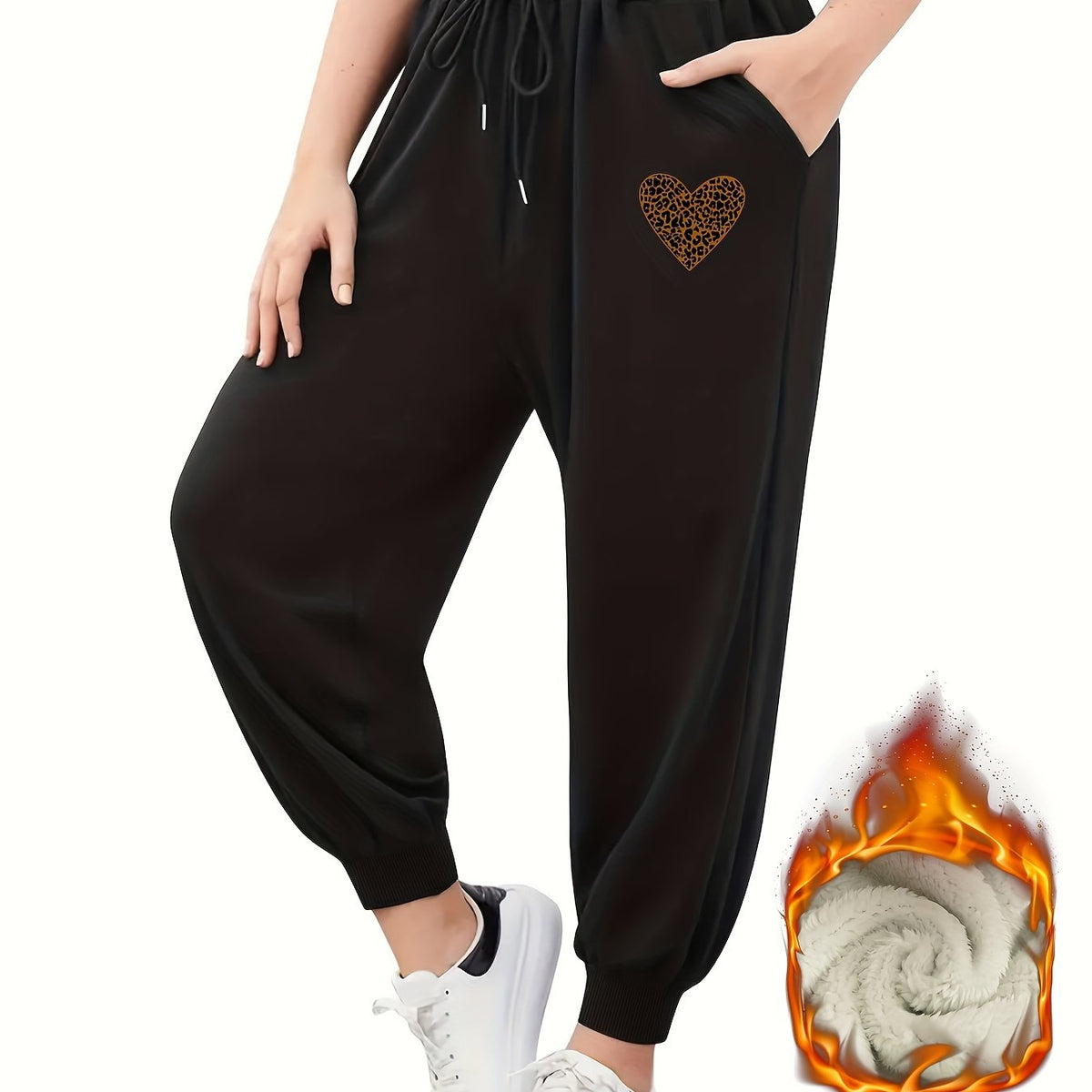  Leopard Heart Print Fleece Joggers with Pockets