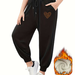  Leopard Heart Print Fleece Joggers with Pockets