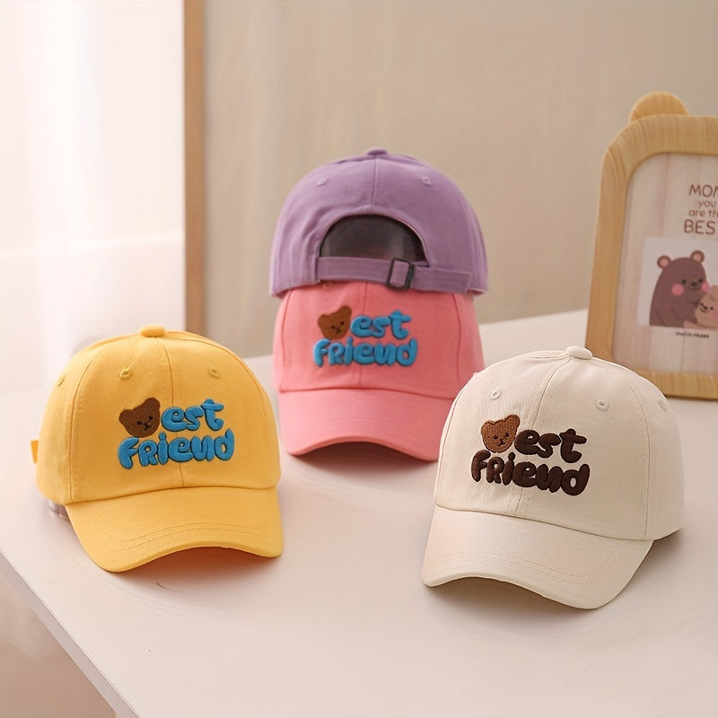Kids Sunshade Baseball Cap w/ Bear Embroidery, Adjustable, Outdoor Activity