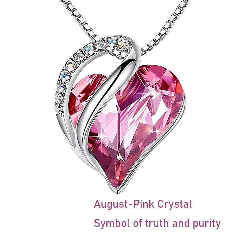 12 Months Birthstone Love Heart Pendant Necklace Jewelry Gift For Women