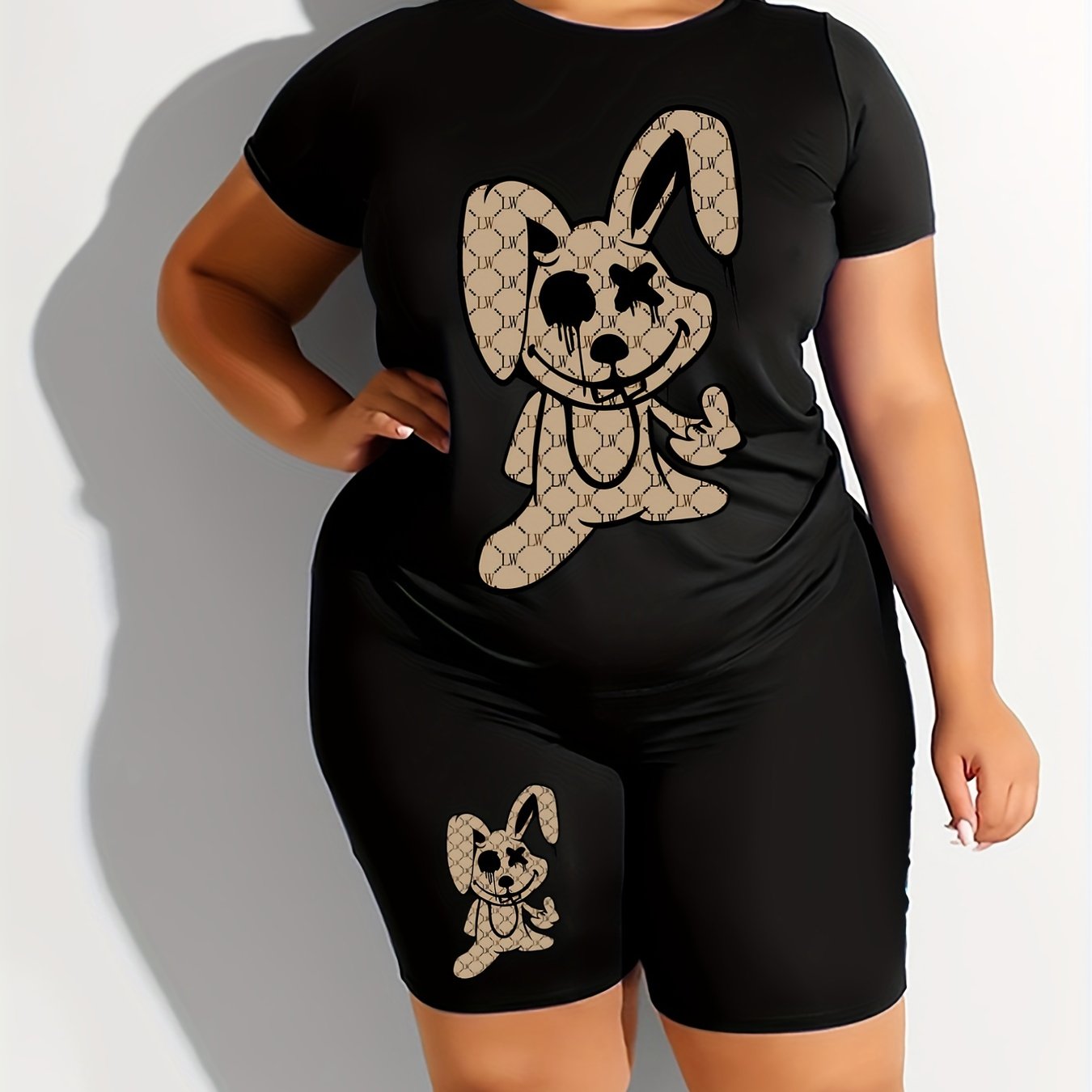  Goth Cartoon Rabbit Print Crop Top & Shorts Set