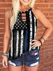  Stripe & Star Print Cut Out Round Neck Tank Top