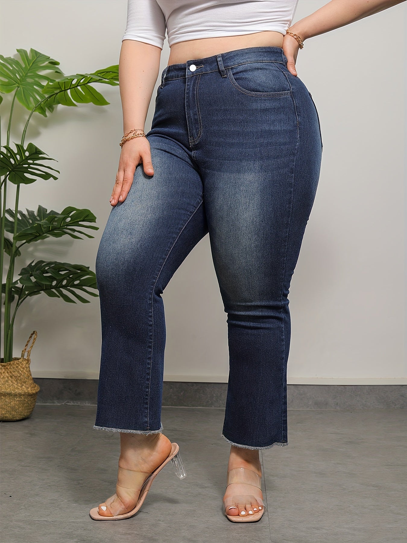  Washed Button Fly Fringe Trim Stretch Jeans