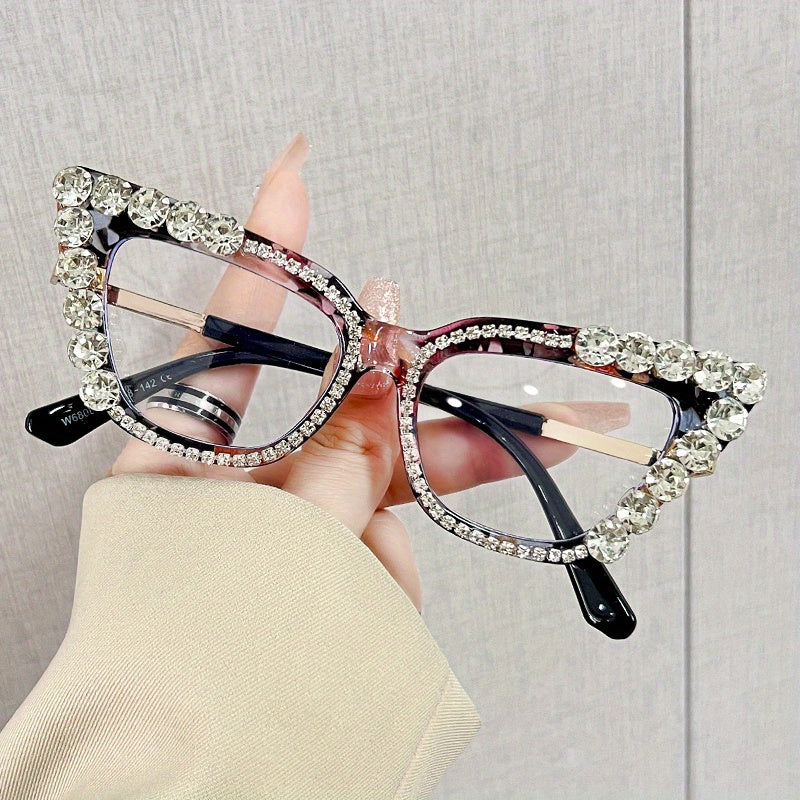 Cat Eye Clear Lens Glasses For Women Rhinestone Decor UV400