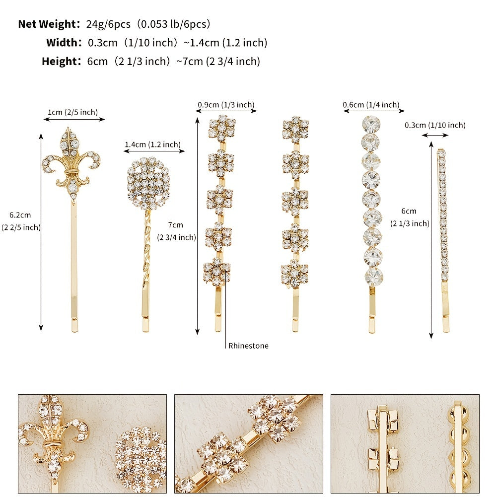 6pcs Golden Rhinestone Hairpin Wedding Hair Clip