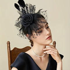 3PCS Fascinators Hat Gloves Sets Feather Flower Pearl Headband Pillbox Veil