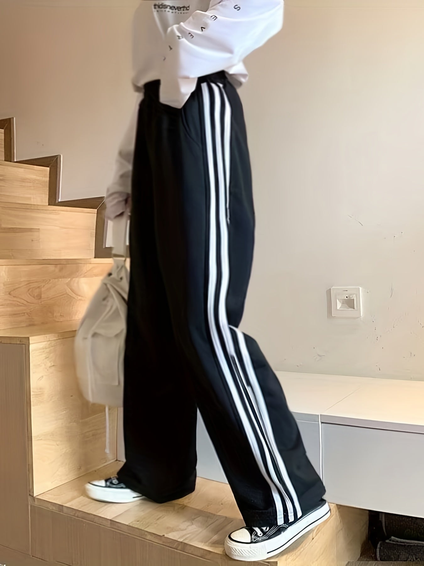  Stripe Print High Rise Wide Leg Pants