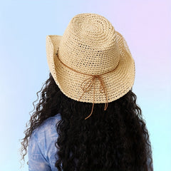 Boho Crochet Sun Hat Beaded Bowknot Hollow Out Straw Cowboy Hat