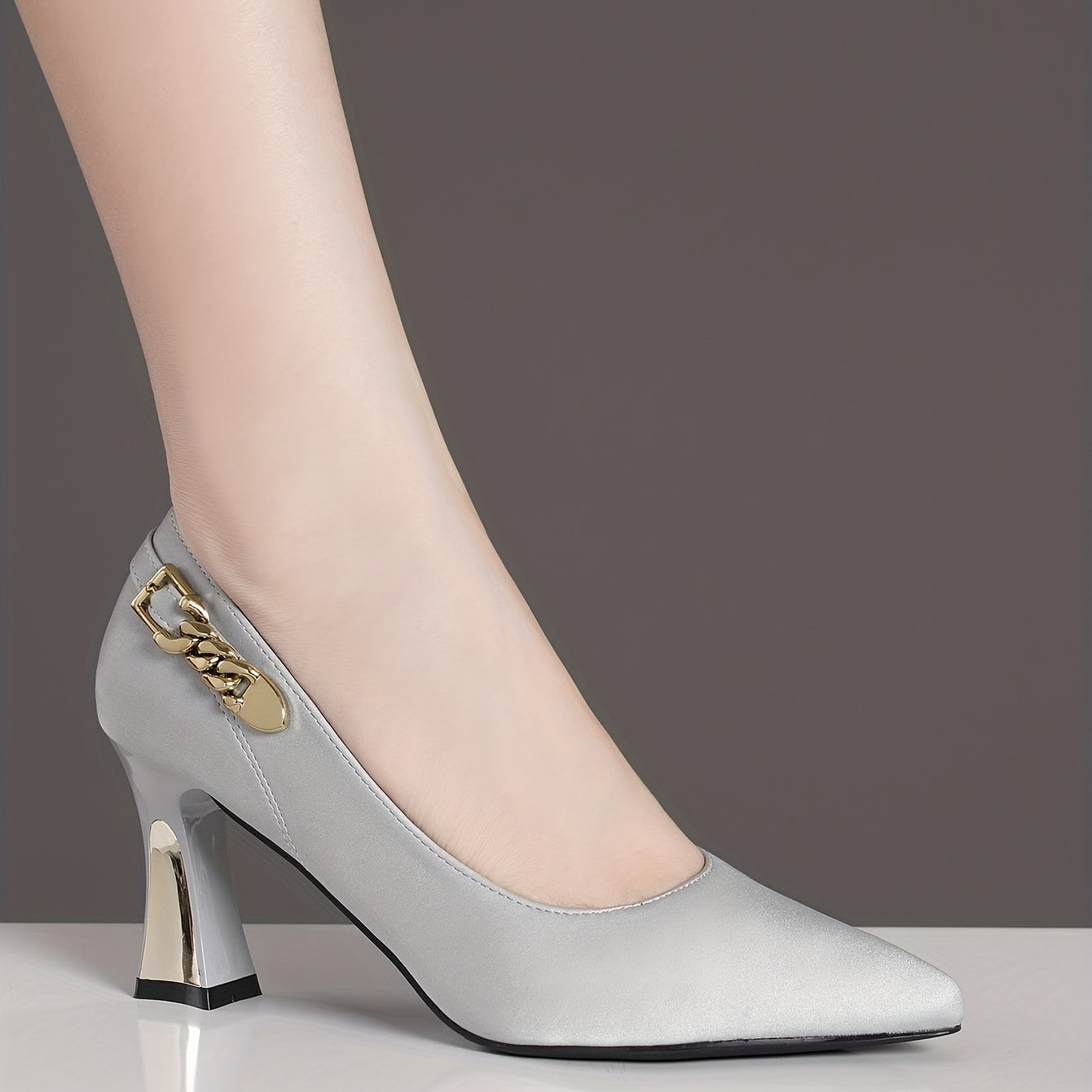 Women's Chain Decor Chunky Heels Faux Leather Pumps Pointed Toe