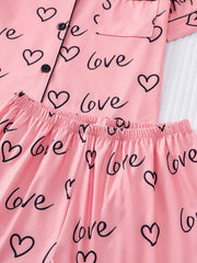 Heart Print Pajama Set Short Sleeve Buttons Top & Elastic Waistband Shorts