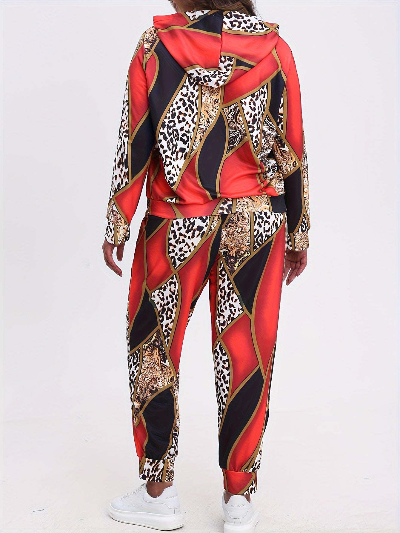  Colorblock Leopard Print Hoodie & Pants Set