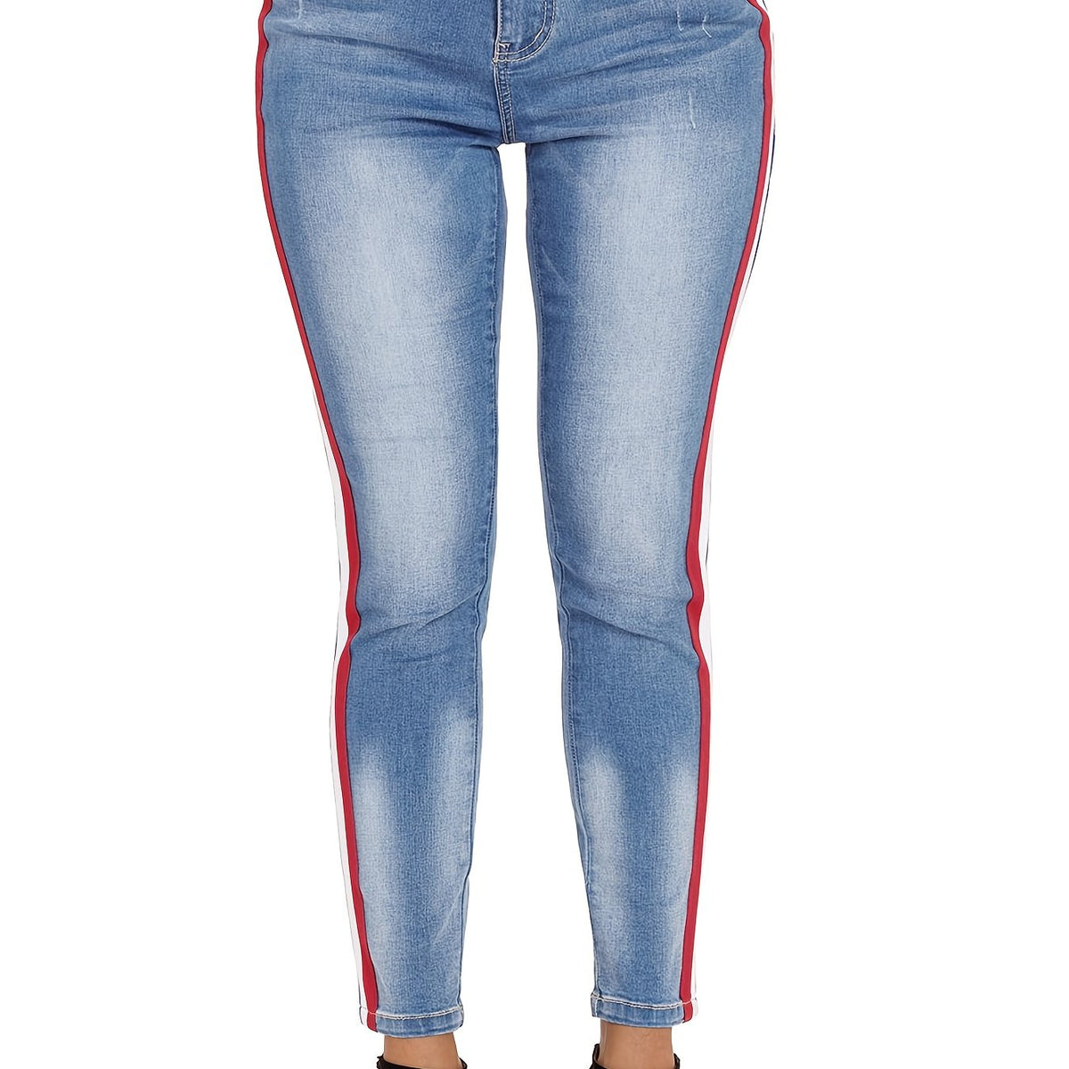 Striped Print Casual Skinny Jeans Slim Fit Denim Pants Women's Clothing