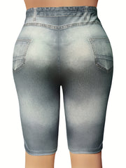  Denim Ripped Print High Rise Skinny Shorts