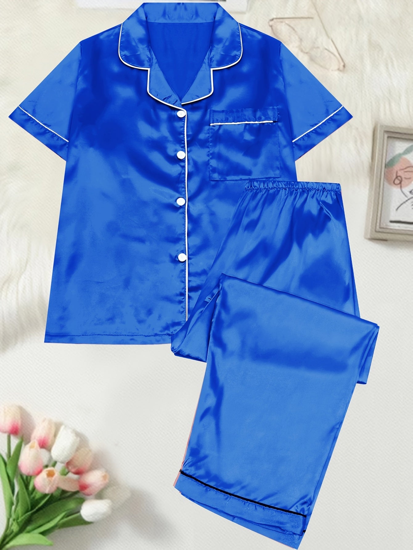  Silk Satin Button Up Shirt & Pants Lounge Set