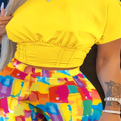  Short Sleeve Crop Top & Geometric Print Shorts Set