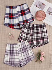 3pcs Plaid Sleep Bottoms Elastic Waistband Shorts Women's Sleepwear
