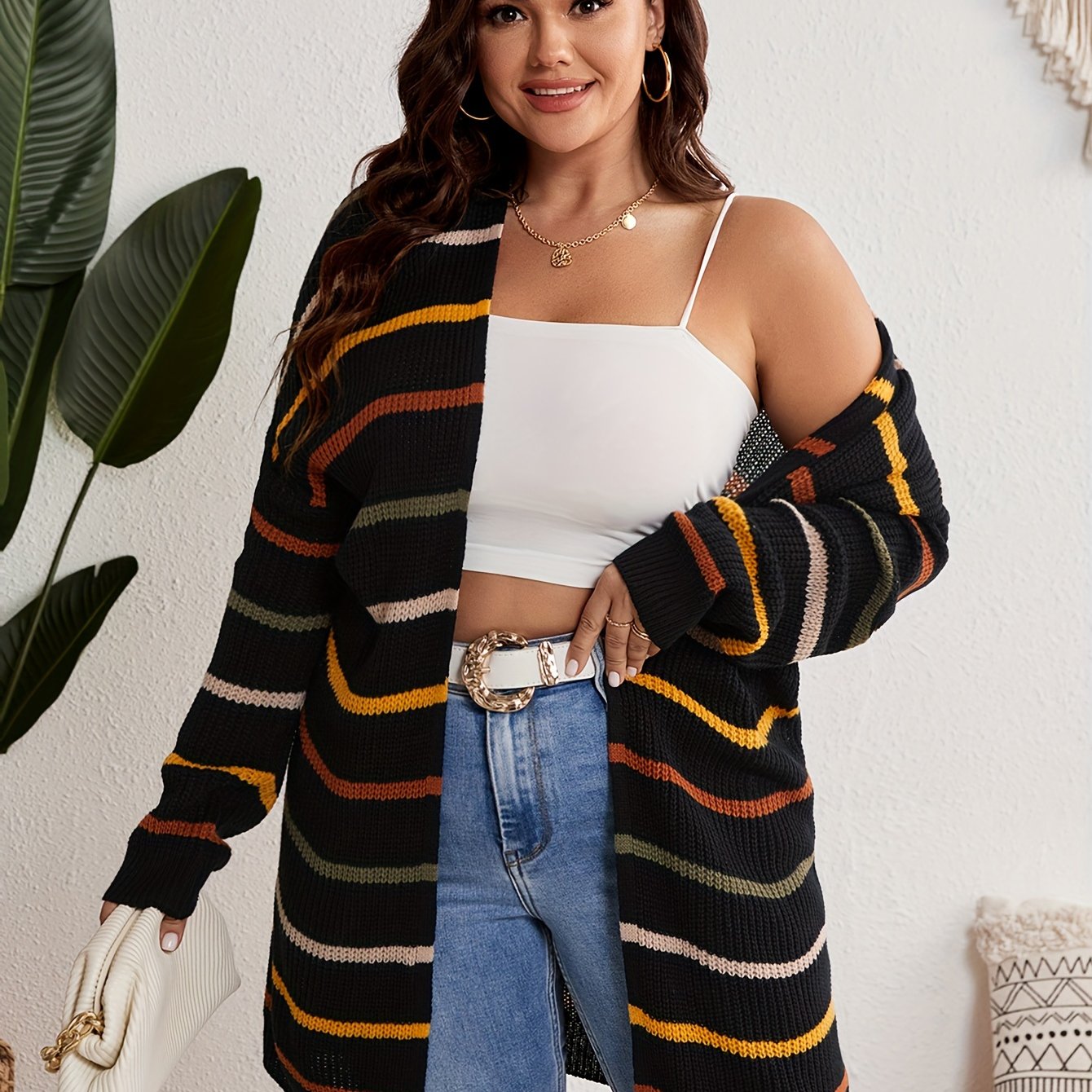  Striped Long Sleeve Open Front Cardigan