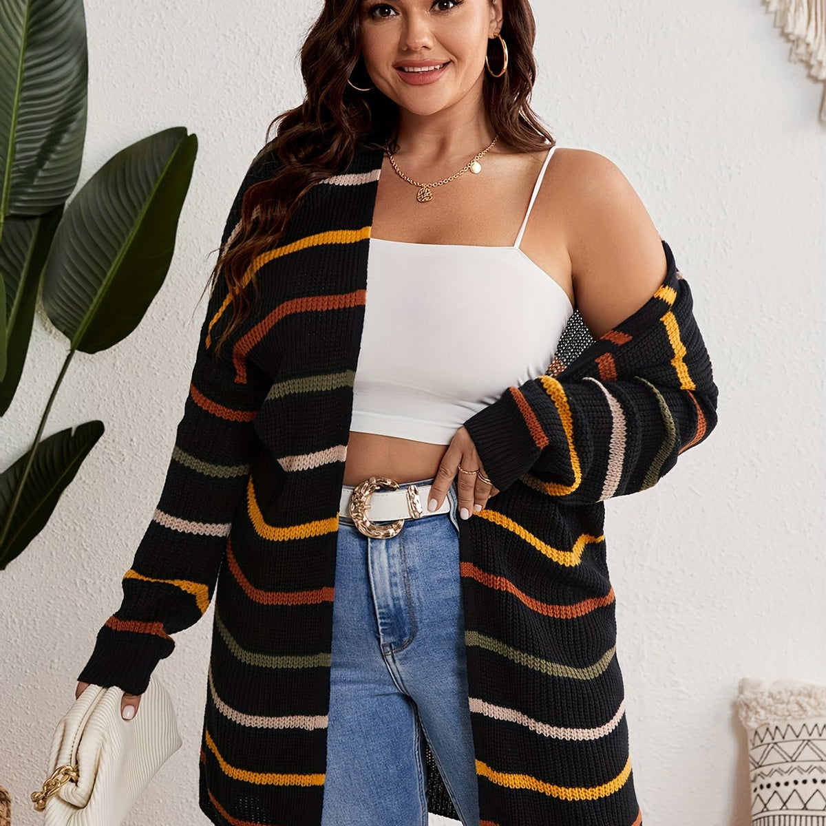  Striped Long Sleeve Open Front Cardigan