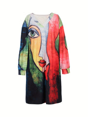 Women's Plus Face Print Long Sleeve V Neck Dress With Pockets