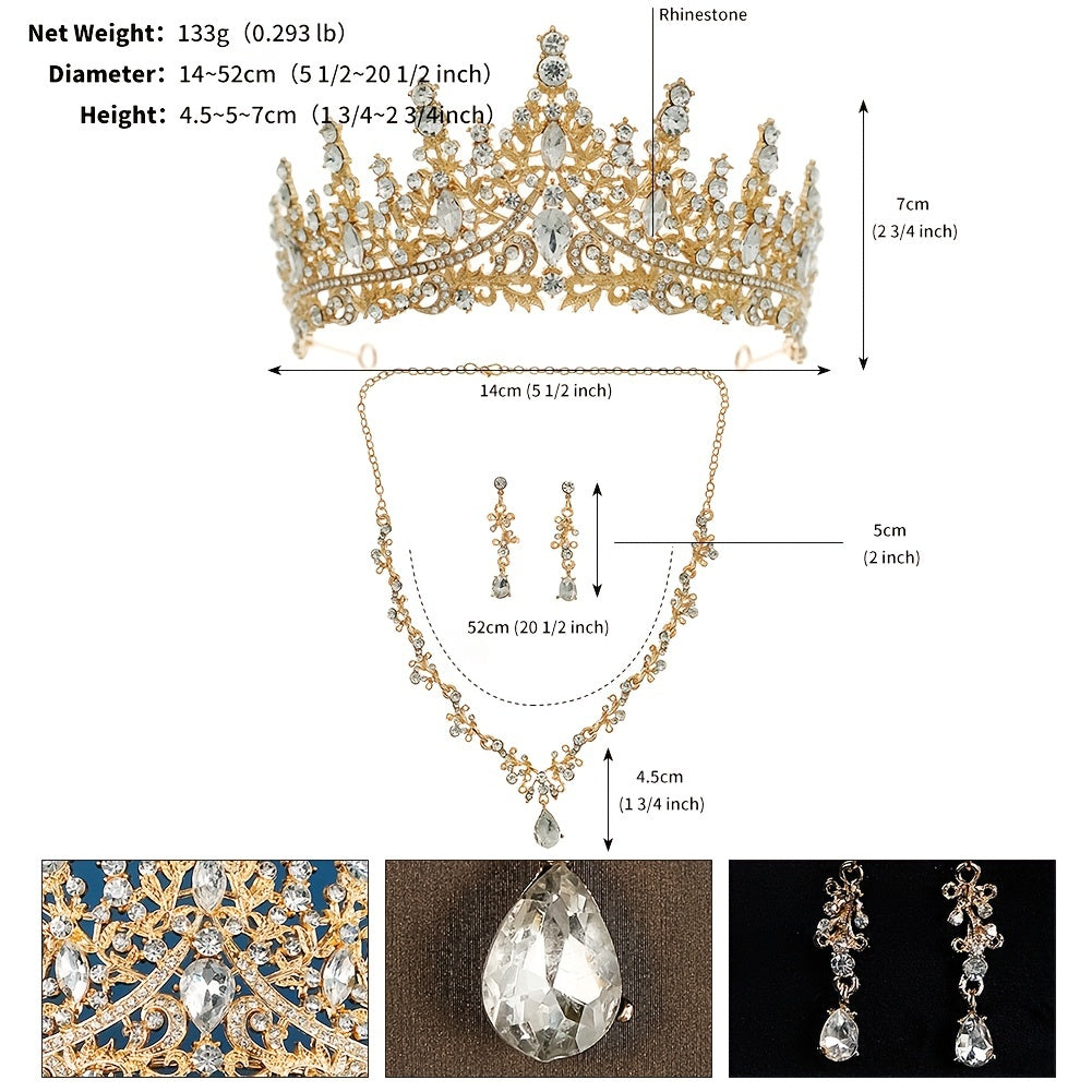 3pcs Set Rhinestone Wedding Crown Necklace Earrings