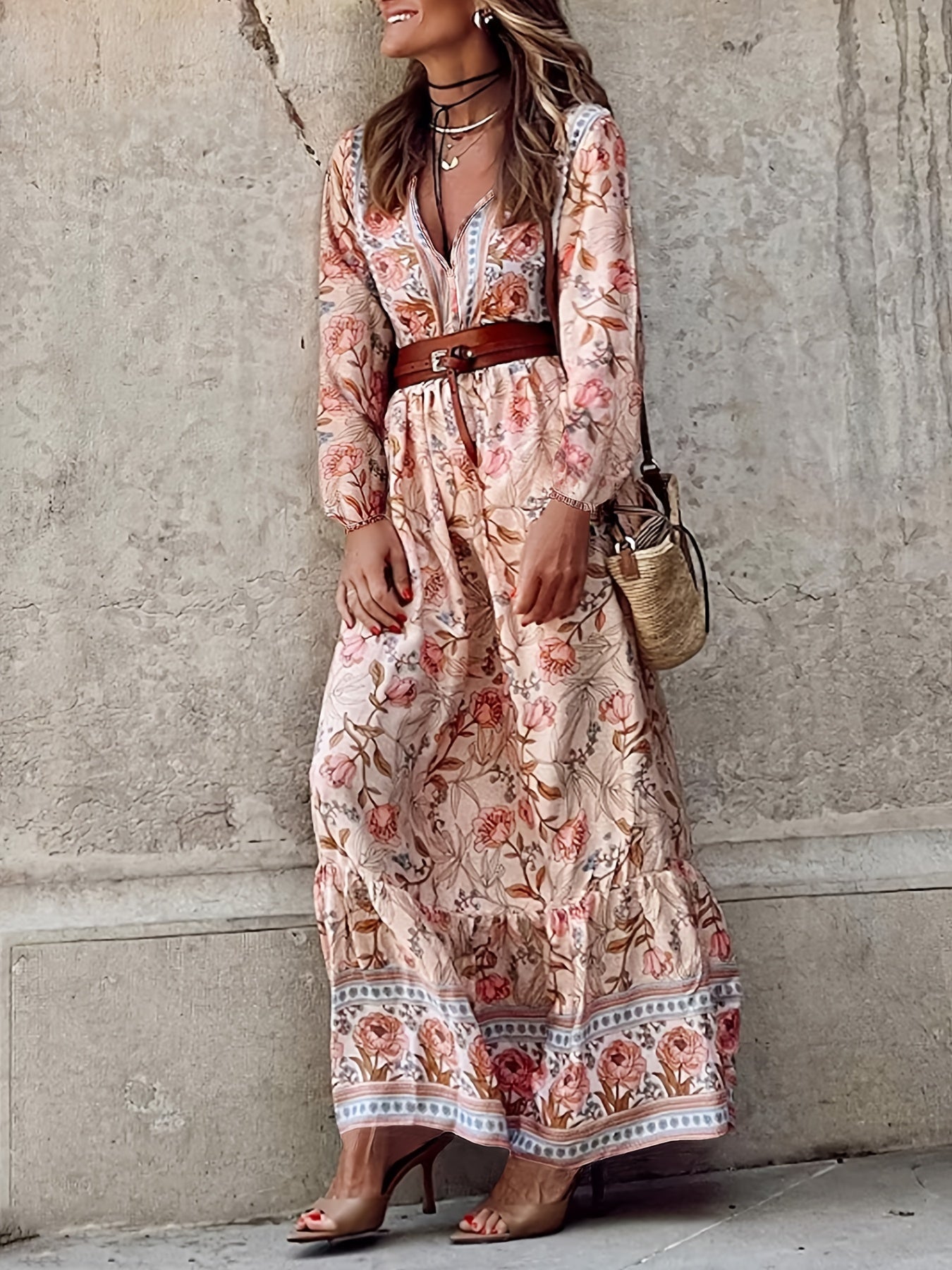  Women's Floral Lantern Sleeve Maxi Dress
