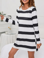 Striped Print Lounge Dress Crew Neck Long Sleeve Comfy Home Dress