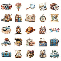 50pcs Vintage Travel Diary Stickers - Suitcase Map Compass Camera Designs