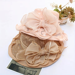 Ruffles Wide Brim Sun Hat Solid Organza Lace Bowknot Derby Hat