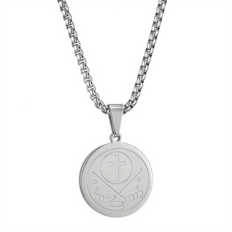 Men's Stainless Steel Ice Hockey Round Pendant Necklace