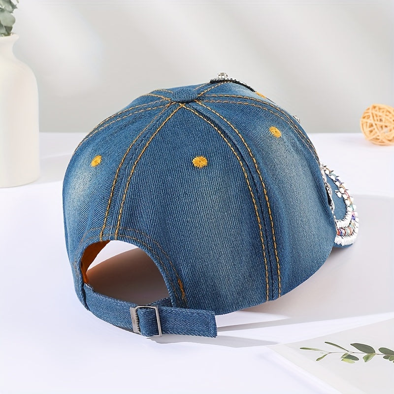Distressed Denim Baseball Cap with Rhinestone Pentagram Patch