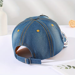 Distressed Denim Baseball Cap with Rhinestone Pentagram Patch