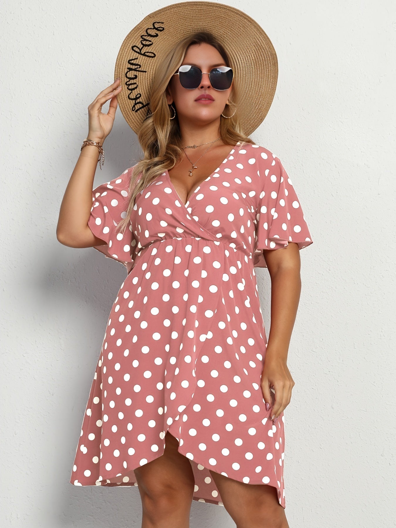  Dot Print Layered Bell Sleeve V Neck Midi Dress Women's Plus