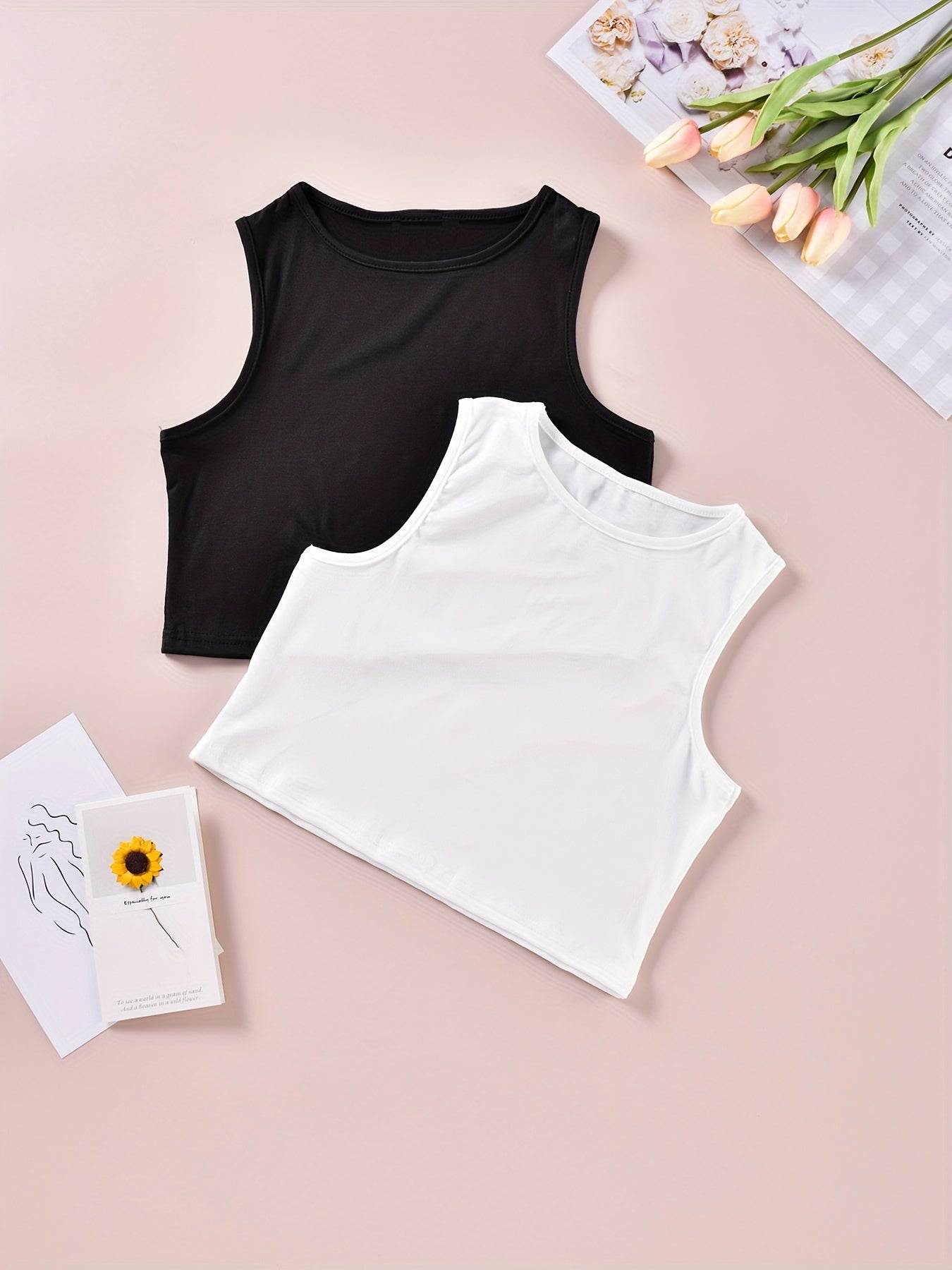 2pcs Solid Tank Tops Crew Neck Sleeveless Top Women's Lingerie