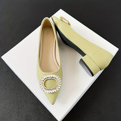 Rhinestone Slip On Point Toe Chunky Heel Shoes