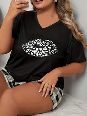  Lip & Heart Print V Neck Pajama Top