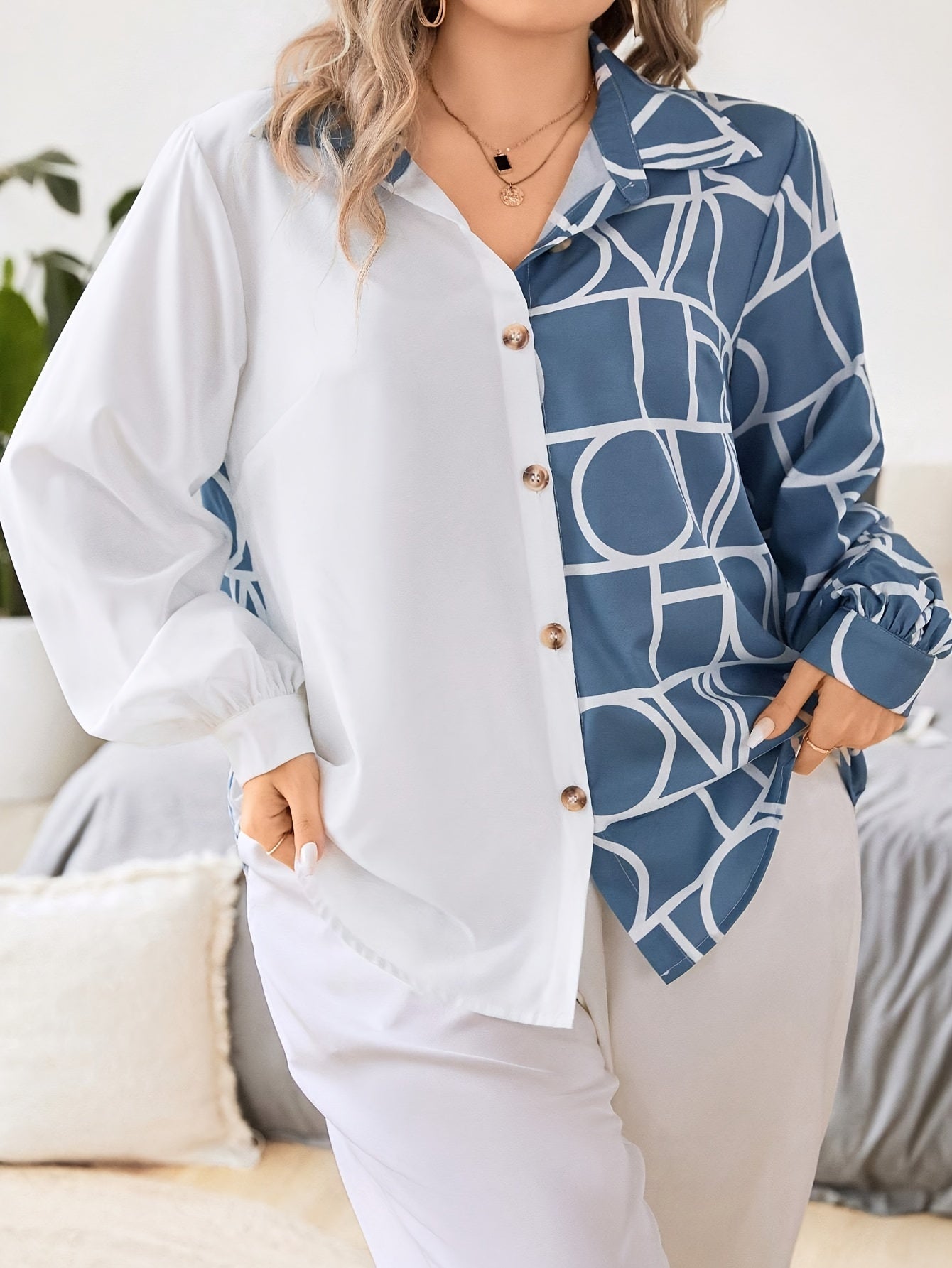  Colorblock Geometric Print Lantern Sleeve Blouse