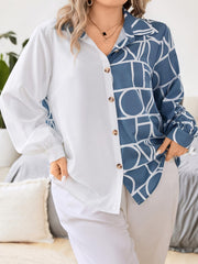  Colorblock Geometric Print Lantern Sleeve Blouse