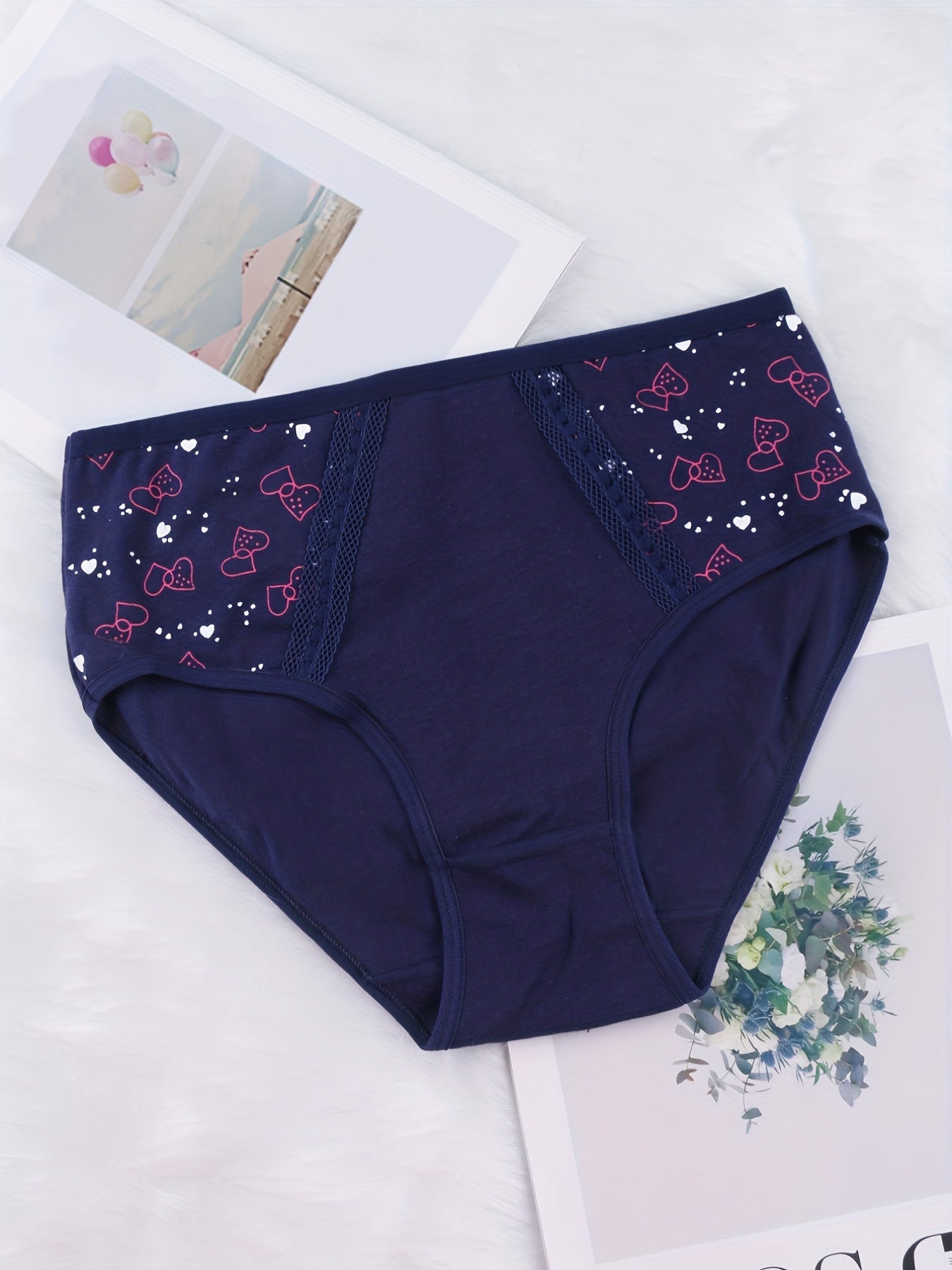 6 Pack Plus Size Panties Set Women's Plus Bow Knot Print Contrast Panel Panties