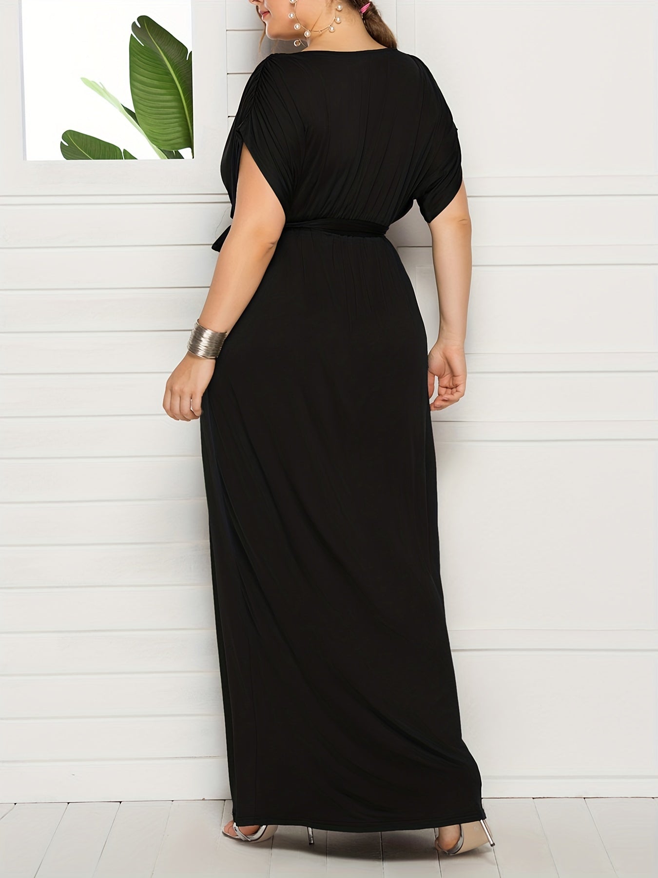  Solid Bat Sleeve Maxi Dress With Belt