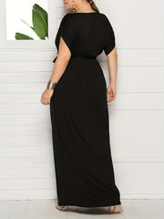 Solid Bat Sleeve Maxi Dress With Belt