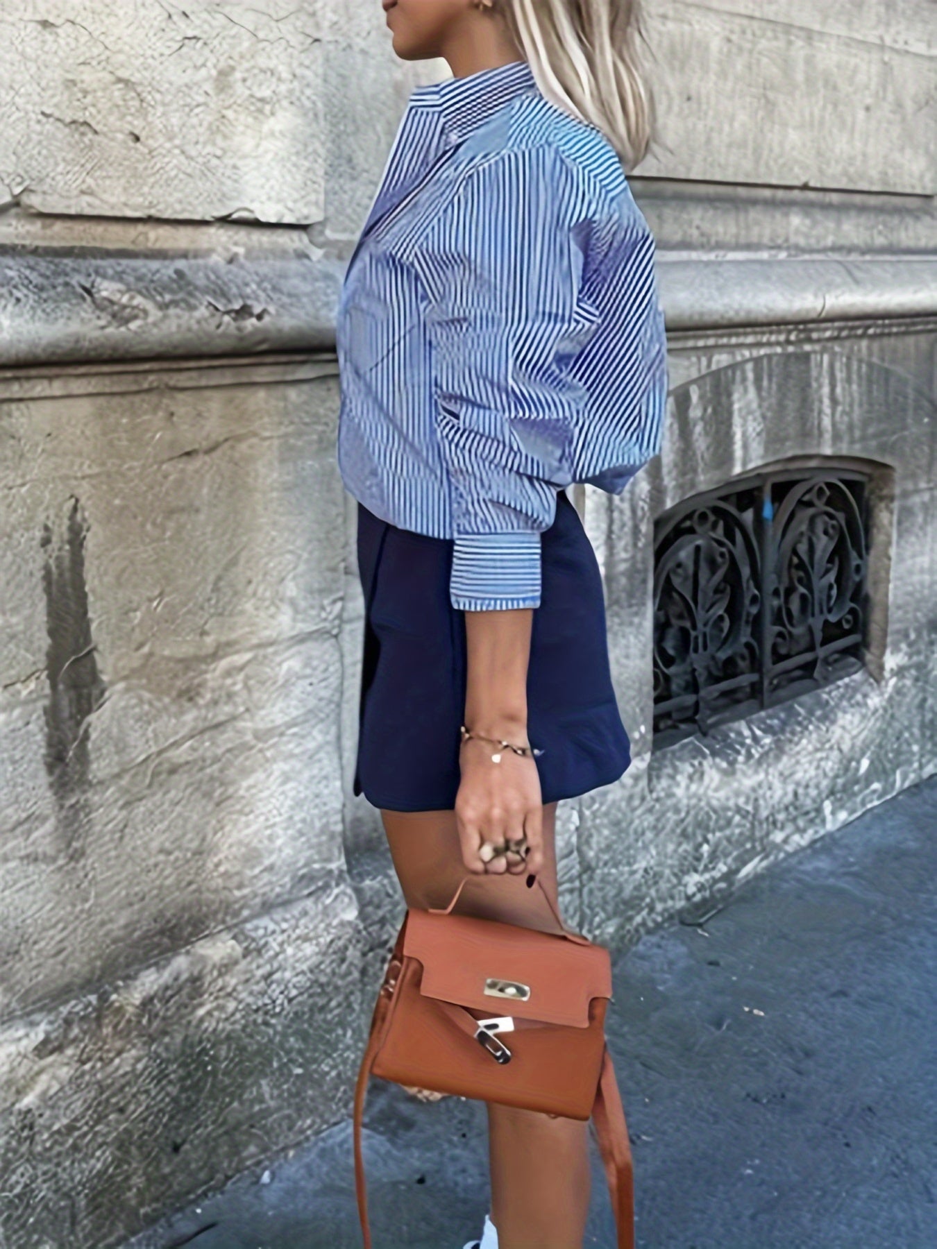  Stripe Print Button Up Long Sleeve Blouse