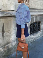  Stripe Print Button Up Long Sleeve Blouse