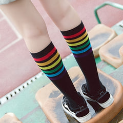 Rainbow Striped Calf Socks Harajuku College Style Knee High Socks Women