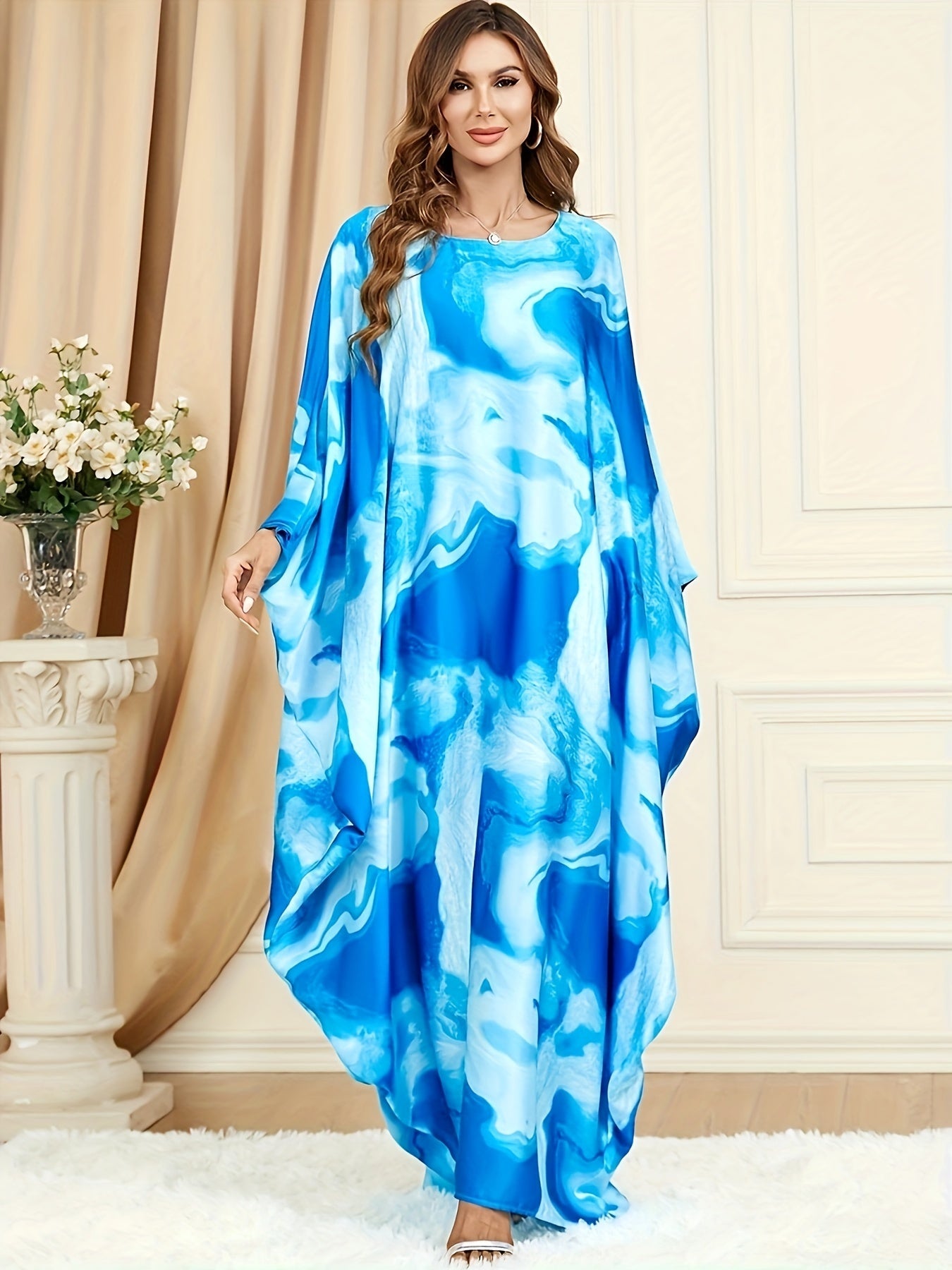  Casual Abaya Dress Women's Plus Print Bat Sleeve Maxi