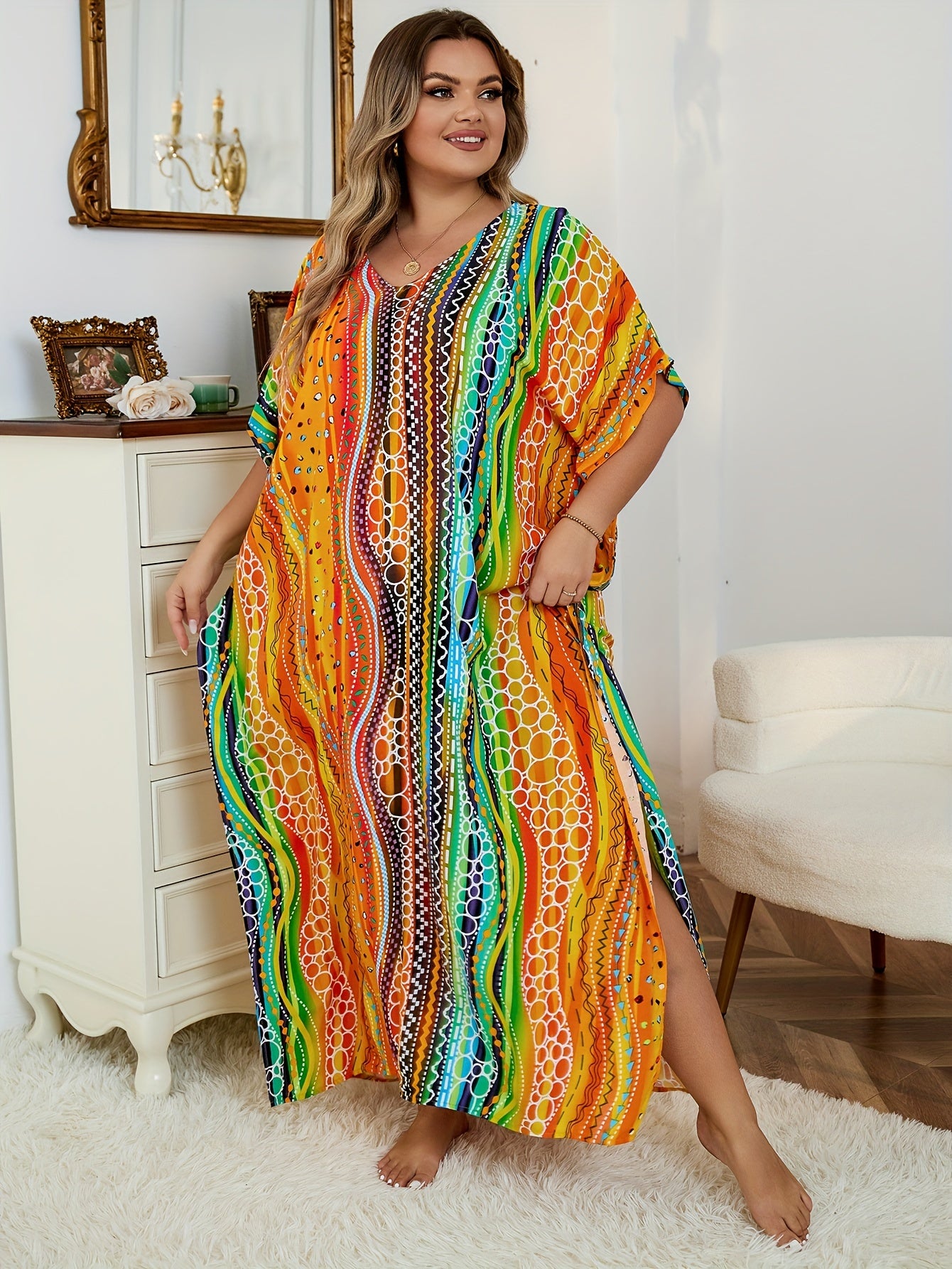  Rainbow Striped Batwing Sleeve Beachwear Kaftan Dress