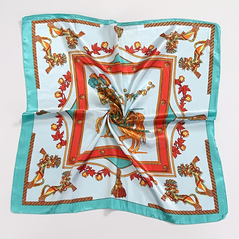 Square Satin Scarf Classic Horse Print Neckerchief Shawl Bandana