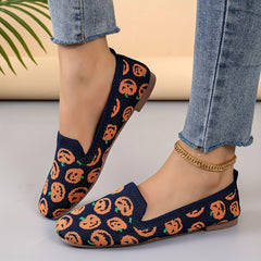 Women's Pumpkin Print Flat Shoes Breathable Knit Square Toe Shoes