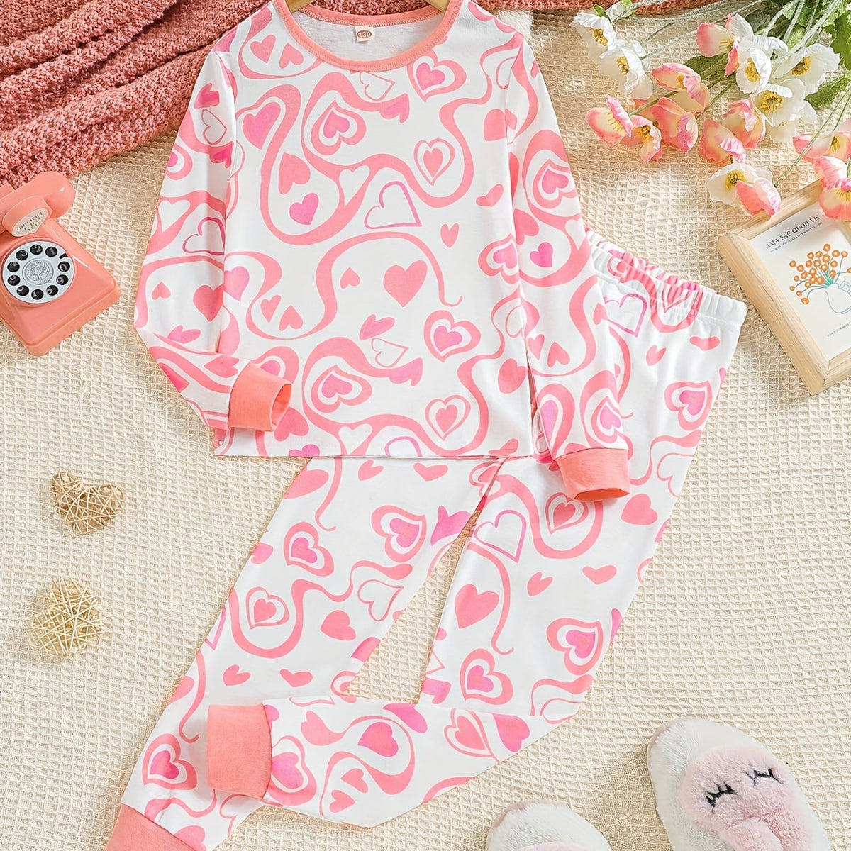Kid's Love Heart Print Pajamas Set Long Sleeve Top & Pants Girl's Loungewear
